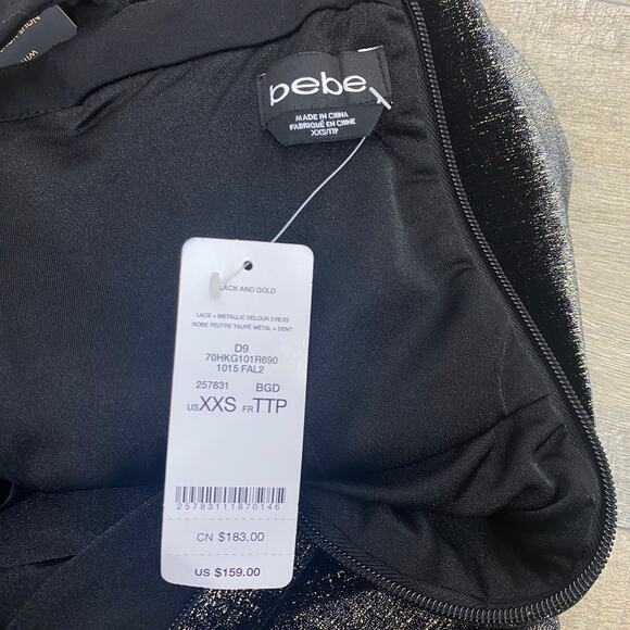 BeBe Lace Metallic Velvet Skater Dress Womens XXS Black Gold Goth Flapper Sheer - Picture 4 of 14